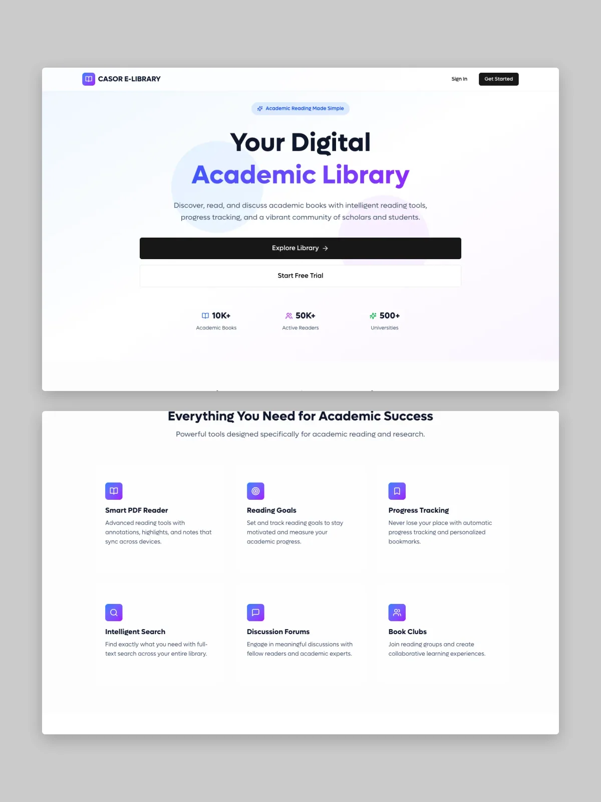 Two CASOR E-LIBRARY website screens stacked on grey