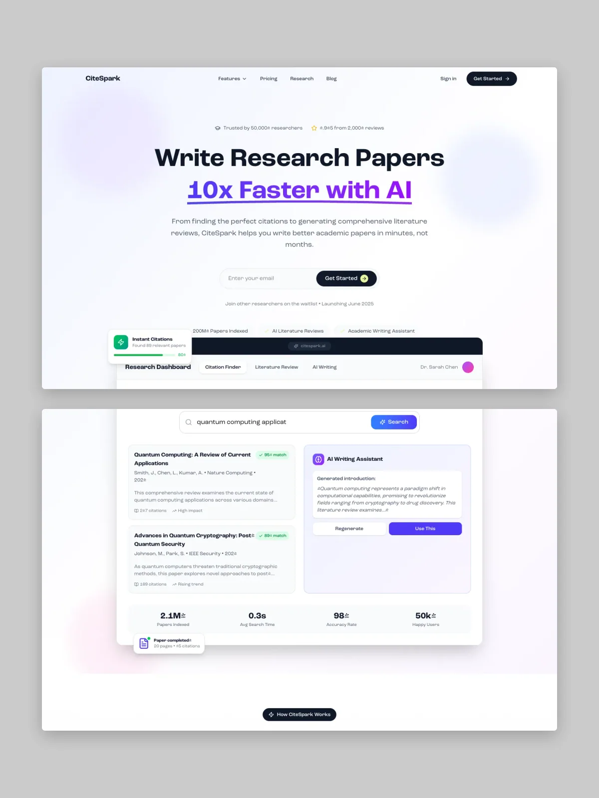 Two CITESPARK website screens stacked on grey