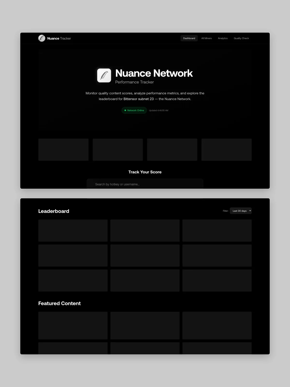 Two NUANCE TRACKER website screens stacked on grey
