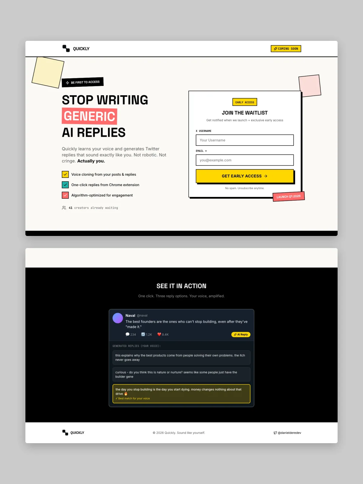 Two QUICKLY website screens stacked on grey