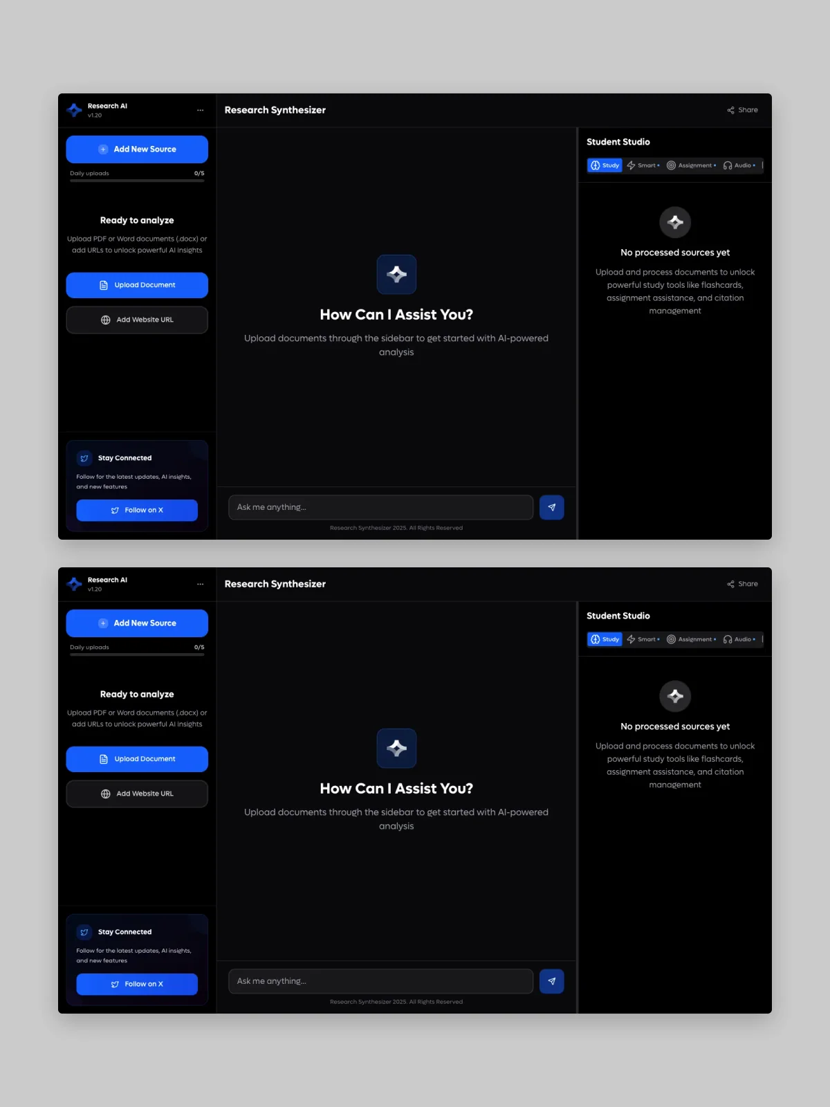 Two RESEARCH SYNTHESIZER website screens stacked on grey