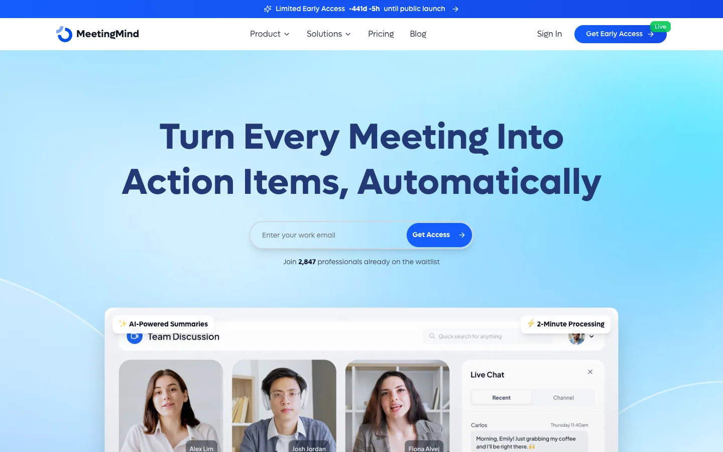 MEETINGMIND website, screen 1
