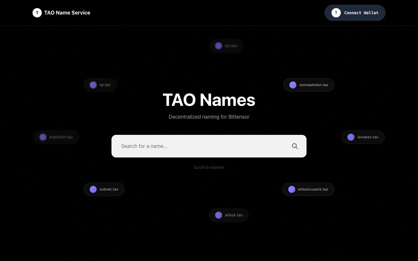 TAO NAMES website, screen 1